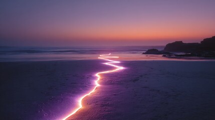 Fototapeta premium A serene sunset view showcasing a sandy beach illuminated by pink and purple lights creating a tranquil atmosphere perfect for relaxation and reflection on nature's beauty