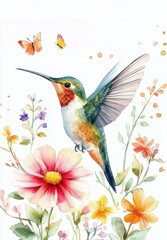A illustration watercolor painting cute hummingbird and colorful flowers on white background