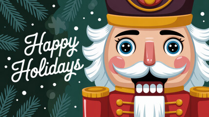 Close Up Cartoon Nutcracker Illustration with Happy Holidays Text and Pine Branches