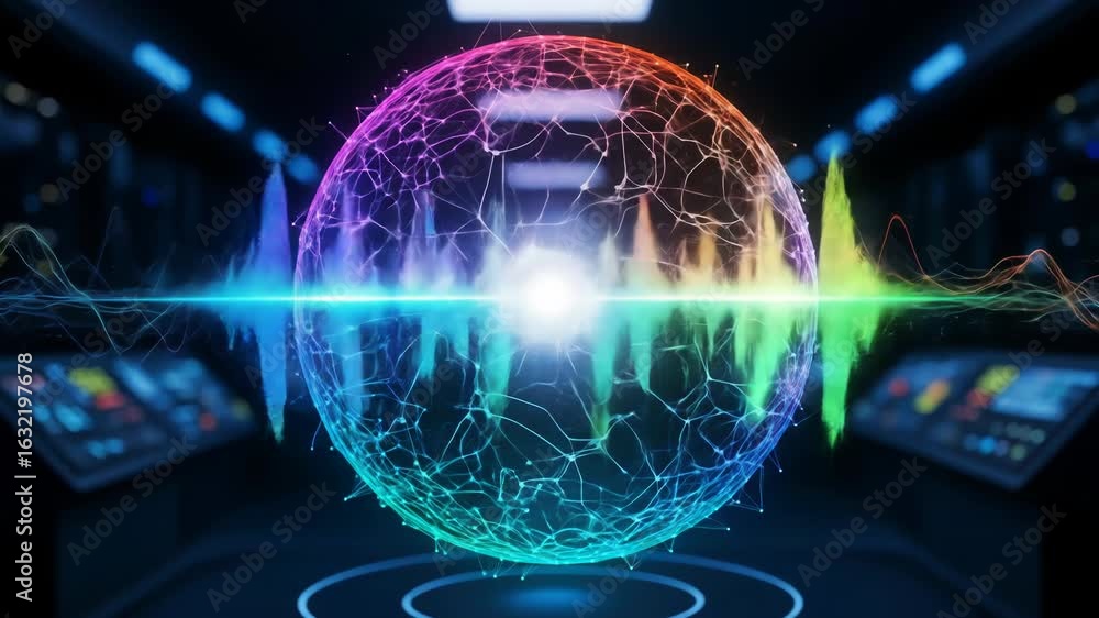 Poster abstract data visualization of a glowing colorful sphere in a futuristic interior with control panel