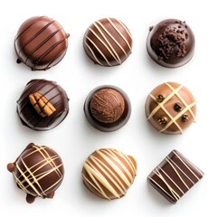 Obraz premium Assortment of gourmet chocolate truffles. Nine individually-wrapped, round chocolate treats, displayed top-down on a white background, showcasing various fillings, decorations, and ganache styles. 