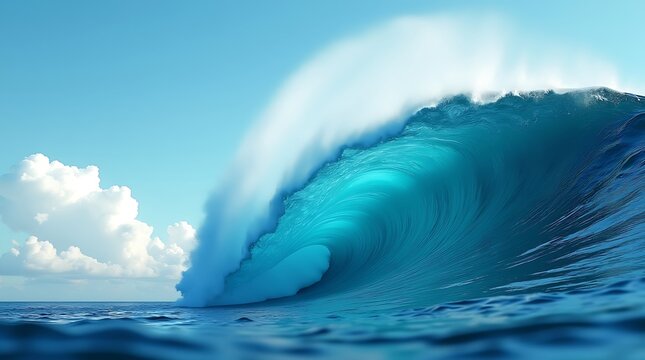 Majestic blue ocean wave crashing under a clear sky - Powered by Adobe