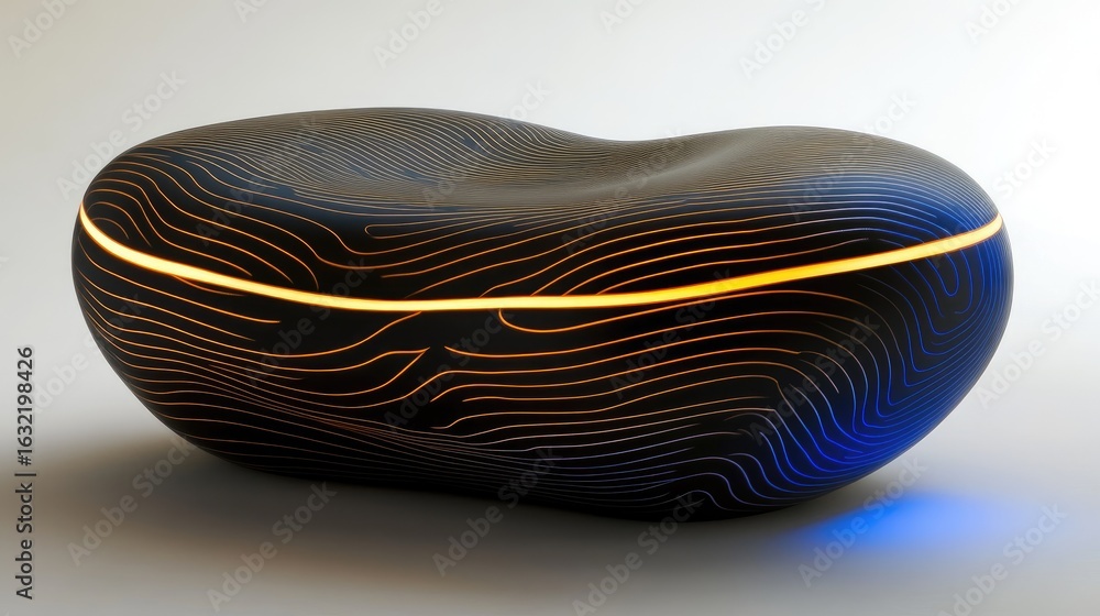 Poster abstract, smooth, dark-blue object with intricate patterns and glowing lines