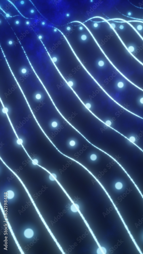 Aufkleber abstract glowing blue grid with light nodes flowing in wave-like formation on a dark background