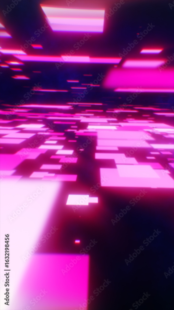 Poster futuristic digital landscape with glowing magenta rectangles in fast motion, simulating data flow or