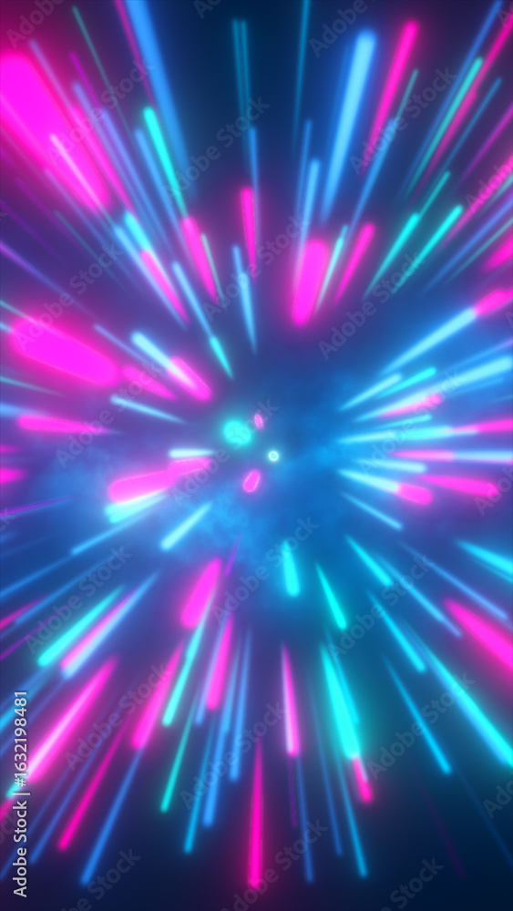 Poster exploding neon trails in pink and cyan burst outward from a central glowing core