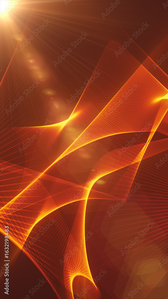 Poster abstract golden waves with bright sun rays and dynamic flowing lines on a warm gradient background