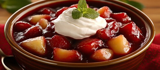 Rich Cranberry Apple Compote with a Swirl of Cream and Fresh Mint
