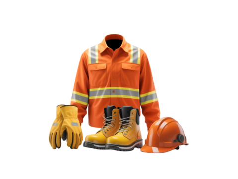 Orange high visibility workwear ensemble with yellow gloves and boots isolated on a transparent background