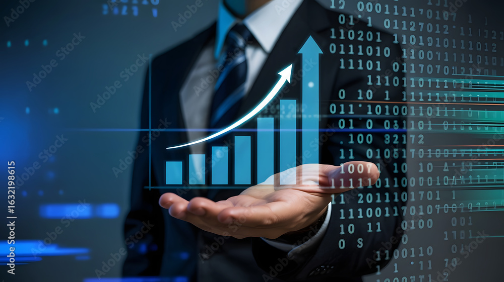 Poster financial growth and success a person holding a rising bar graph with binary code background