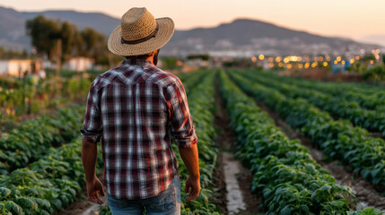 Agricultor caminando entre cultivos al atardecer en zona rural