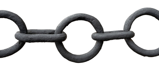 Long black metal chain on a white background. Chain links close up