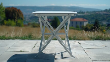 modern foldable table with metal frame, flat on white surface, white background
