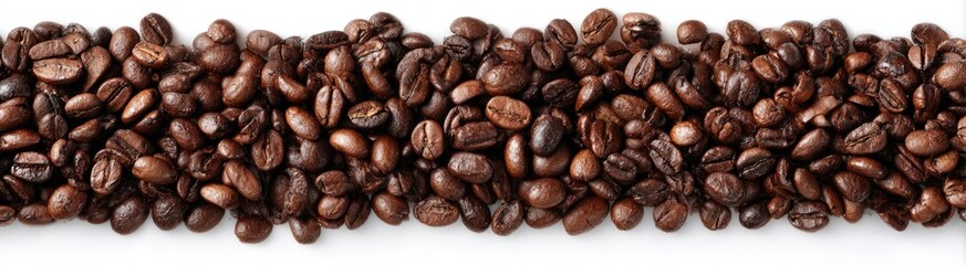 Coffee beans arranged in a horizontal line on a white background