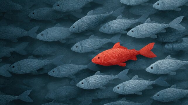 Red fish stands out from grey school