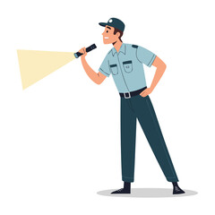 Male security guard holding flashlight and looking around in uniform  
