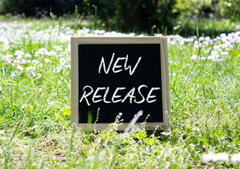 New Release symbol. Concept word New Release on chalk blackboard. Beautiful meadow background....