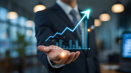 Growth Visualization A Business Professional Demonstrates Company Success and Strategic Planning Using a Digital Growth Chart