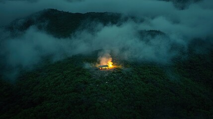 Obraz premium A Lone Bonfire's Warm Glow Pierces the Misty Twilight on a Remote Forested Hill