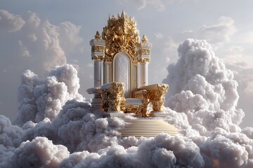 The majestic golden throne of God in heaven, surrounded by white clouds and divine light, signaling the second coming of Jesus Christ.