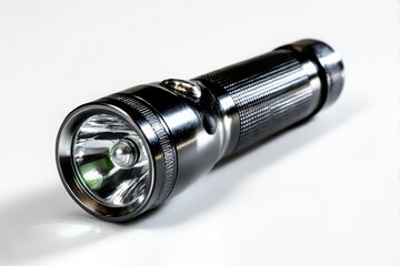 Black metal flashlight isolated on white background