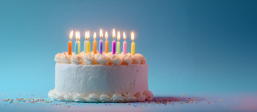 Pastel de cumplea&ntilde;os con velas encendidas sobre fondo azul