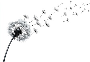 A dandelion seed head with seeds dispersing in the wind, a grayscale illustration against a white background