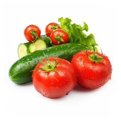 Fresh, vibrant tomatoes and cucumber with lettuce.  A close-up, studio shot of fresh produce, glistening with water droplets
