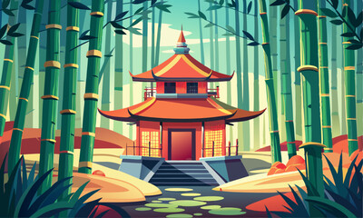 Download Japanese House In A Bamboo Forest, Vector . This Icon Concept Isolated Premium Vector. Flat Cartoon Style Svg File For Design.