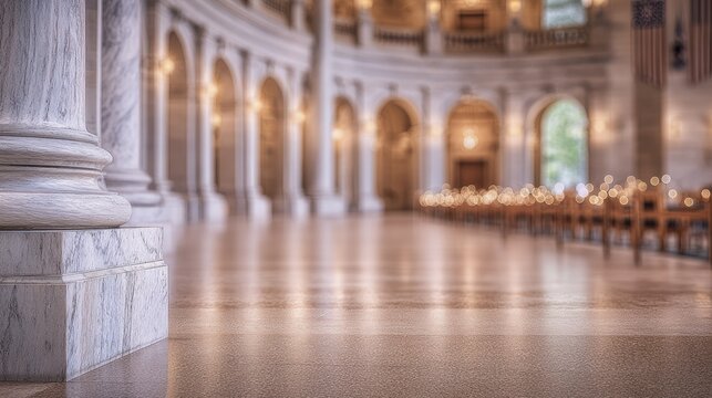 Interior view of a rotunda with marble columns arches and rows of chairs with lights under American flags