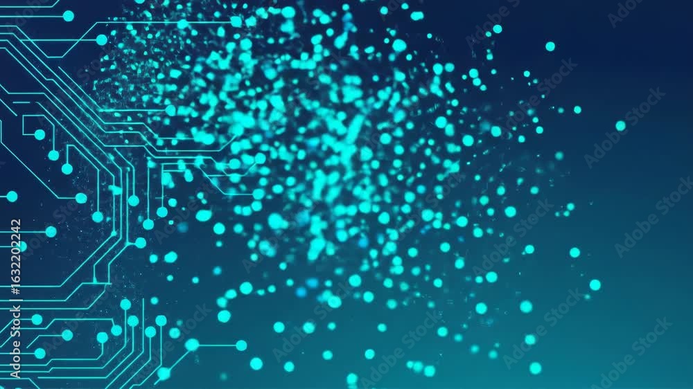 Poster abstract digital design with circuit board and flowing data particles in blue tones