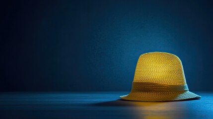 Illuminated Straw Hat Casting Dramatic Shadow on Dark Blue Surface