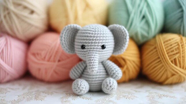 Crocheted elephant amigurumi toy with black eyes sitting front of colorful yarn balls