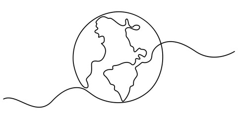 Continuous one line art drawing of earth planet, Globe, geography vector outline, Globe in one line style, Single line illustration of world map, Vector illustration