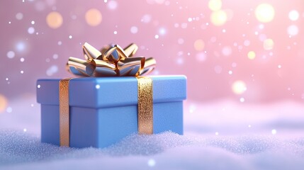 Exquisite Blue Gift Box with Golden Ribbon Nestled in Sparkling Snow Under Soft Bokeh Lights