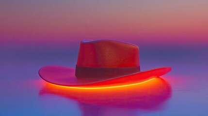 Crimson Cowboy Hat with a Luminous Brim Bathed in Neon Twilight