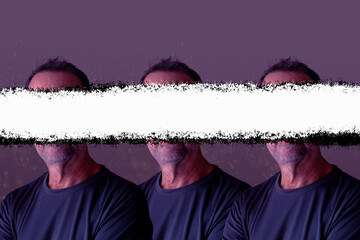 Surreal portrait of man in triplicate with censored faces.