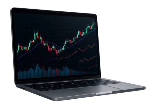Open laptop displaying a stock market chart with various colored candlesticks and line graphs on transparent background.