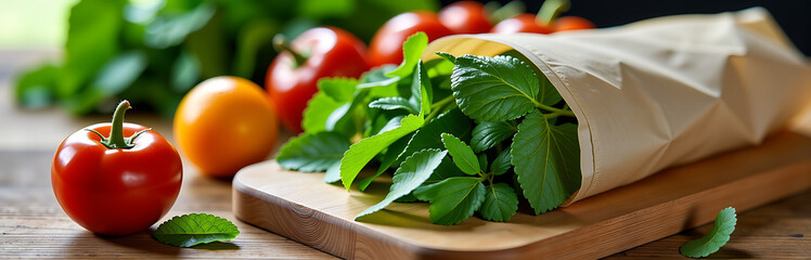 wooden board lined fresh herbs surrounded vibrant produce wrapped clear recyclable food wrap soft natural