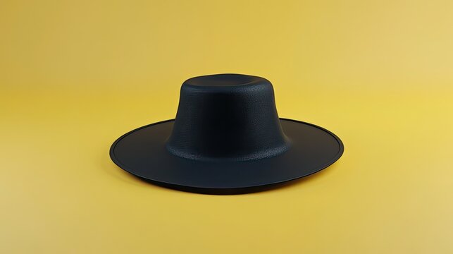 A striking black capotain hat with a textured crown, isolated on a bold, minimalist yellow background.