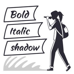 Person holding microphone with text banners woman female