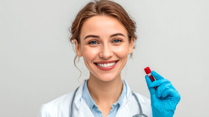 Smiling female doctor in gloves holding blood sample vial, promoting healthcare, diagnostics and medical testing