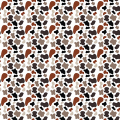 Cowhide seamless pattern with large black and white patch shapes styled for a rustic farmhouse look, perfect for textile prints and classic decor themes
