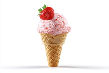 Delicious strawberry ice cream cone with fresh strawberry topping isolated on white background