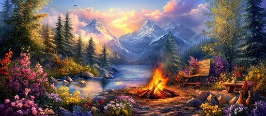 Cozy Campfire by a Tranquil Lake Amidst Majestic, Sun-Kissed Mountains.