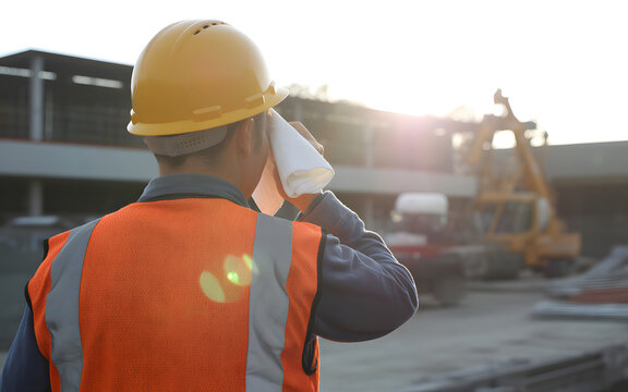 Tired construction worker wiping sweat from forehead on hot day, heavy machinery in distance, sun flares