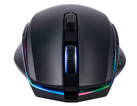 Black Gaming Mouse with RGB Lighting Effect, Dynamic Side Perspective, isolated transparent background PNG