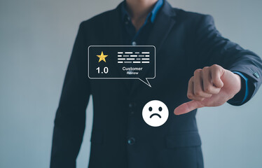 Unhappy Businessman Client with Sadness Emotion Face on virtual screen, Bad review, Customer...