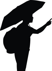 Silhouette of person pointing with umbrella, backpack figure illustration, urban minimal scene design, vector cinematic pose clipart, directional graphic asset