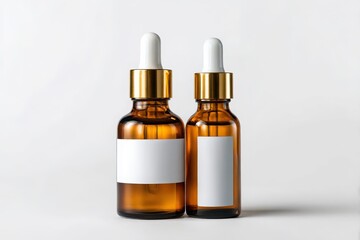Two amber dropper bottles with white labels isolated on white background